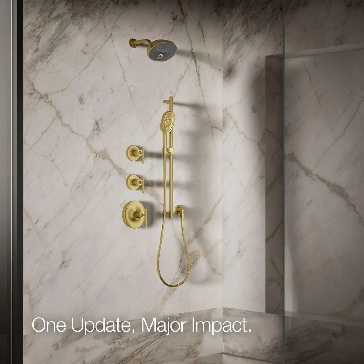 KOHLER 26290-2MB Statement Three-Function SHOWERHEAD, Maximum Spray Performance with Mode Selector Buttons, Vibrant Brushed Moderne Brass, 2.5 GPM