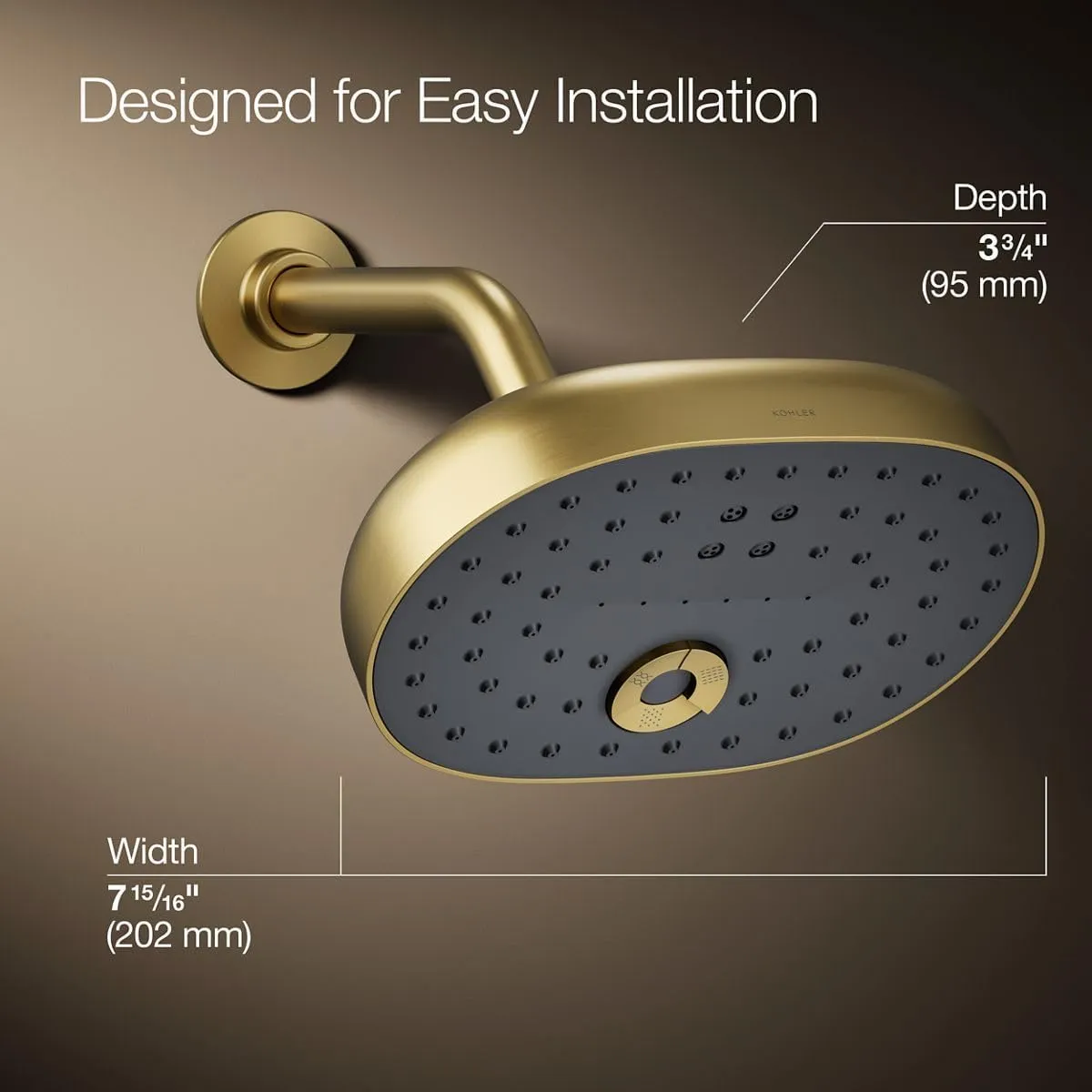 KOHLER 26290-2MB Statement Three-Function SHOWERHEAD, Maximum Spray Performance with Mode Selector Buttons, Vibrant Brushed Moderne Brass, 2.5 GPM