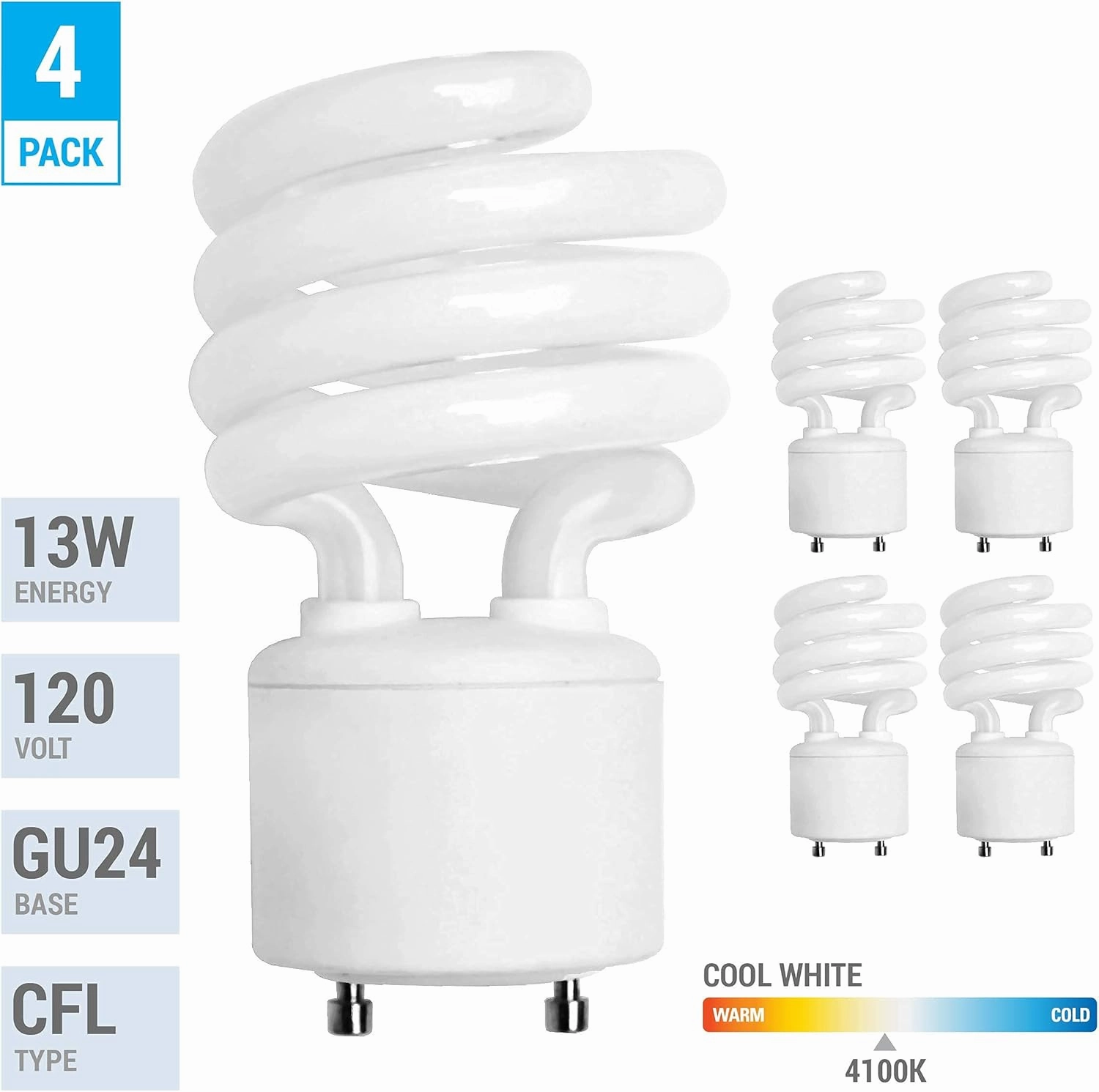 KOR (4 Pack) 13 Watt Mini Spiral - GU24 Base - (60W Equivalent) - T2 Mini-Twist - CFL Light Bulb (Cool White (4100K), CFL)