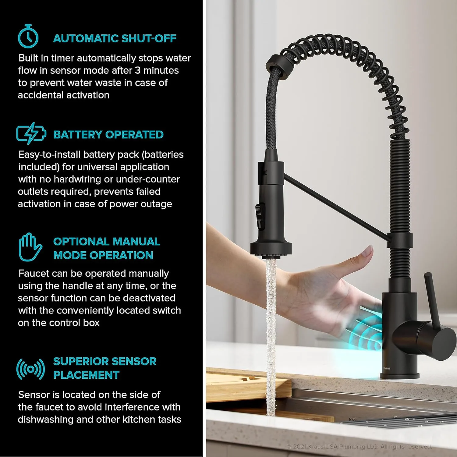 Kraus Bolden Touchless Sensor Commercial Style 2-Function Single Handle Pull Down Kitchen Faucets in Matte Black, KSF-1610MB