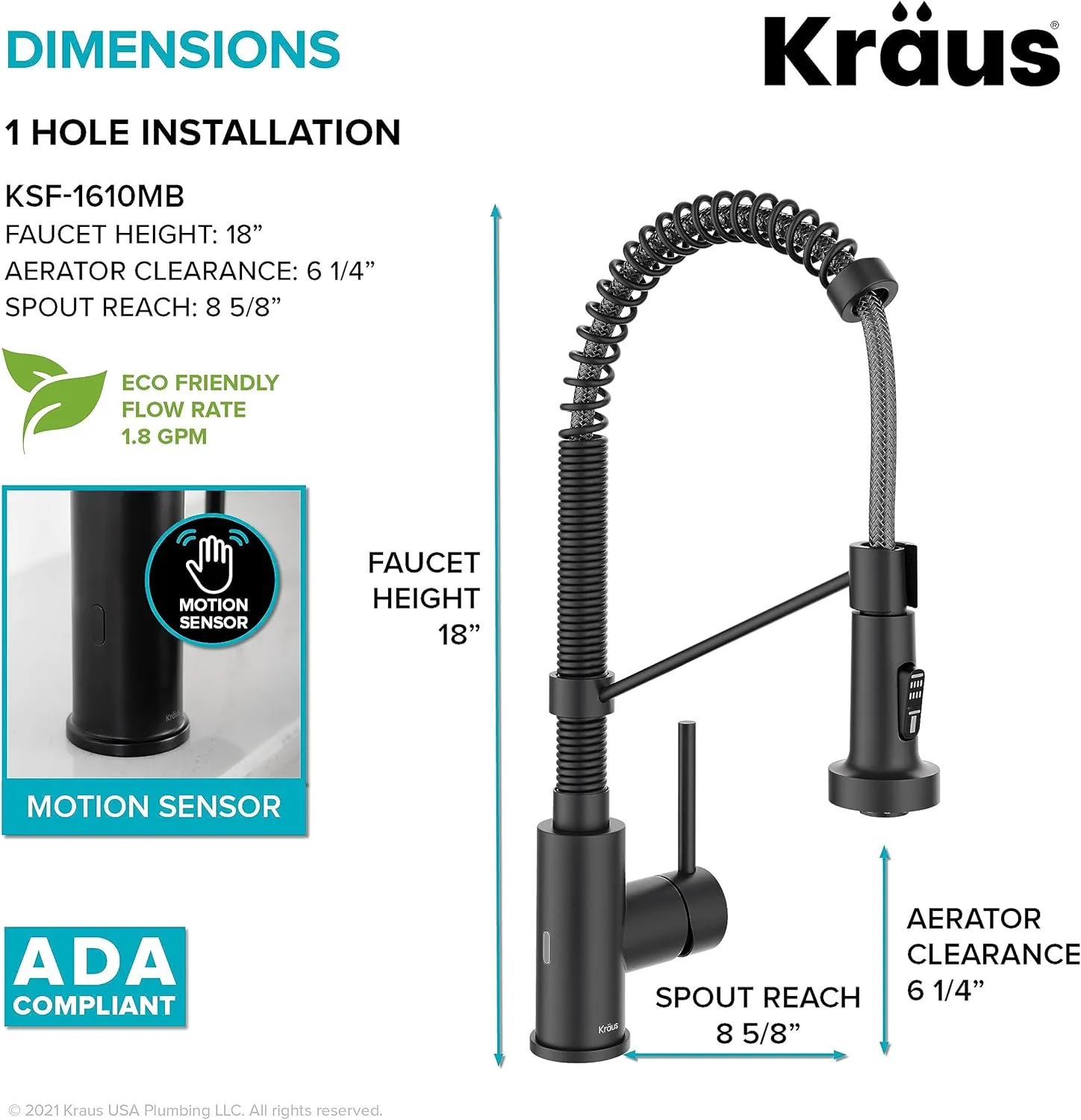 Kraus Bolden Touchless Sensor Commercial Style 2-Function Single Handle Pull Down Kitchen Faucets in Matte Black, KSF-1610MB