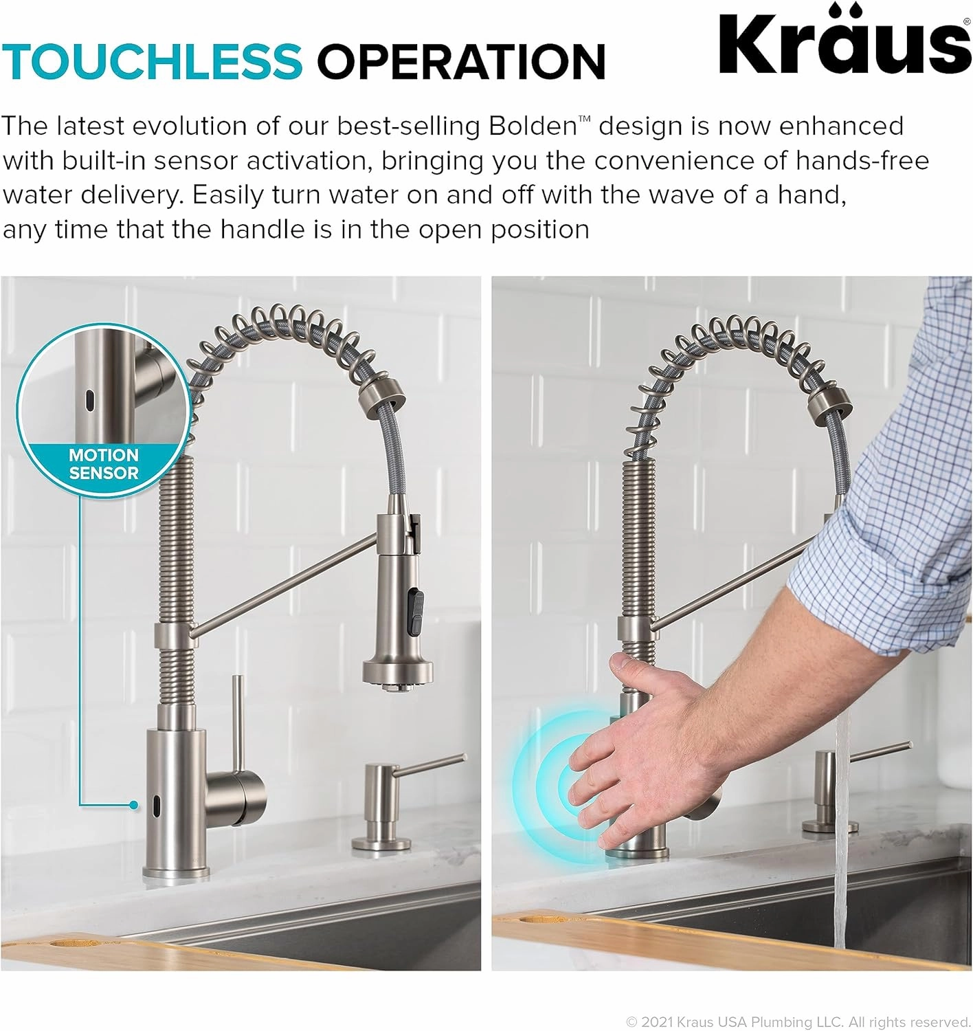 Kraus Bolden Touchless Sensor Commercial Style 2-Function Single Handle Pull Down Kitchen Faucets in Spot-Free Stainless Steel, KSF-1610SFS