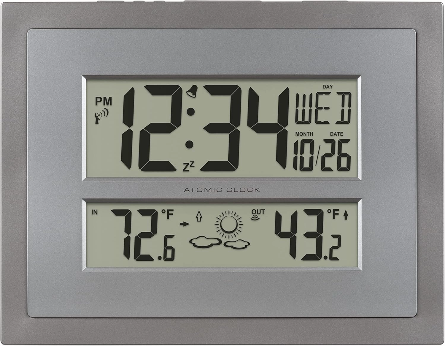 La Crosse Technology 512-85937-INT Atomic Digital Wall Clock with Temperature & Forecast in Gray/Silver