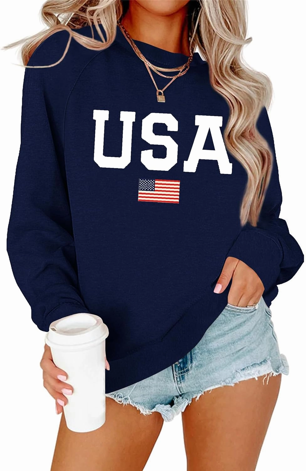 Lacozy Womens USA Sweatshirt American Flag Oversized Graph Letter Pullover Crewneck Long Sleeve Loose Fit Tees Clothes