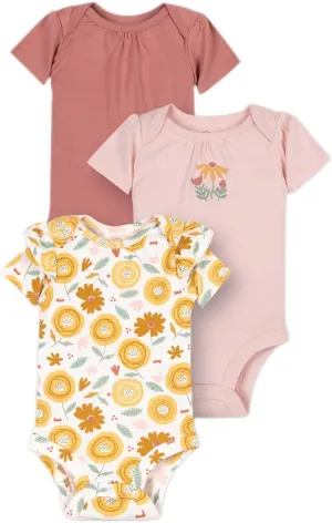 Lamaze Organic Baby Organic Cotton Short Sleeve Flower Child Bodysuit | Sleep Wear, Baby Bodysuit, Diaper Shirt | Fluffy soft and Stretchy Pack of 3 | Amber | 3 Months