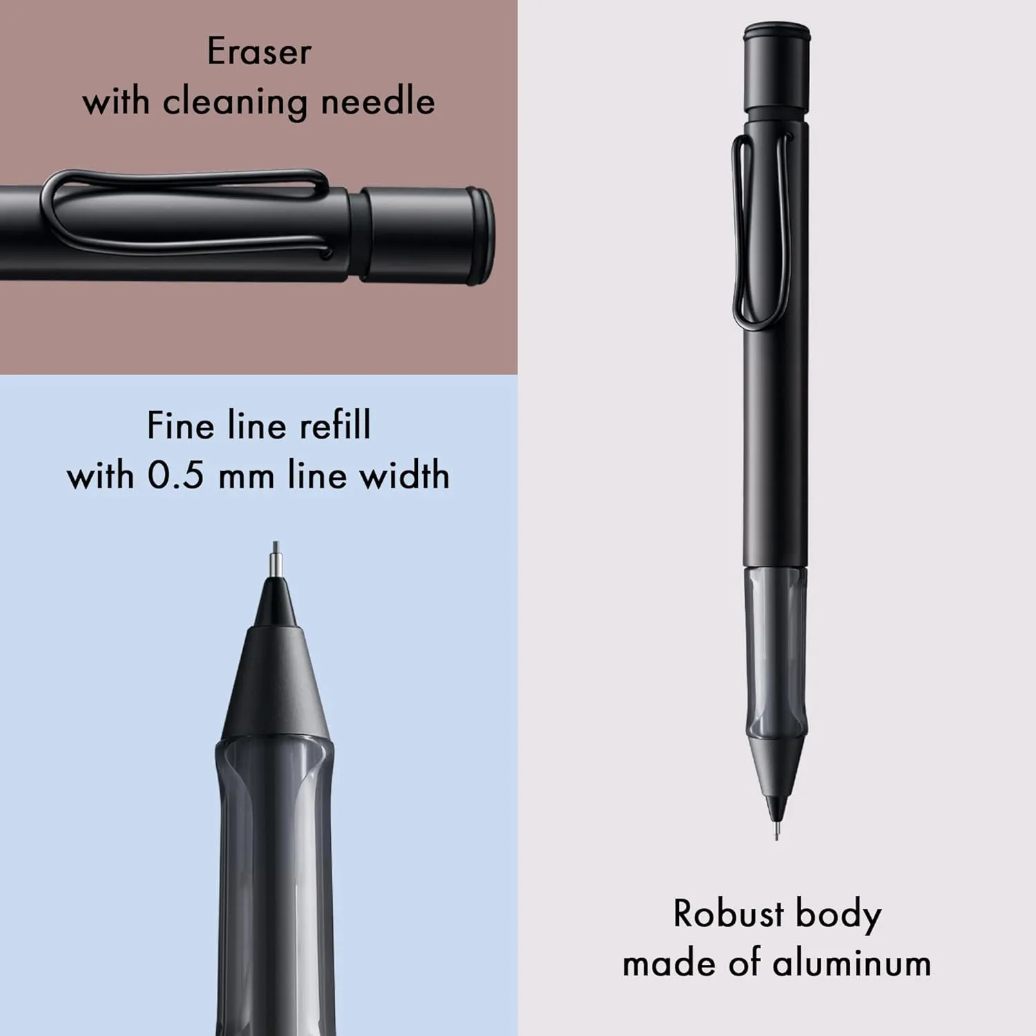 LAMY AL-star black - Mechanical Pencil with transparent, ergonomic grip & lightweight aluminum body - including LAMY M 41 fine line refill 0.5 mm & eraser tip