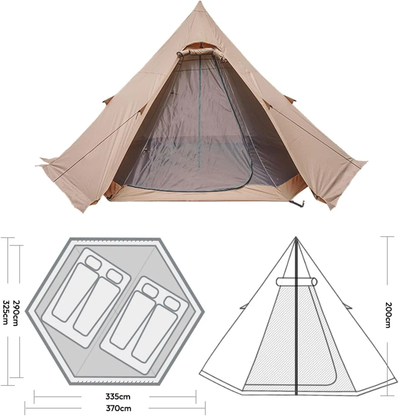 Large Adult Indian Teepee Tent Camping Pyramid Tipi Tent with Double Mesh Door Free-Standing Waterproof Tent for Camping Hiking