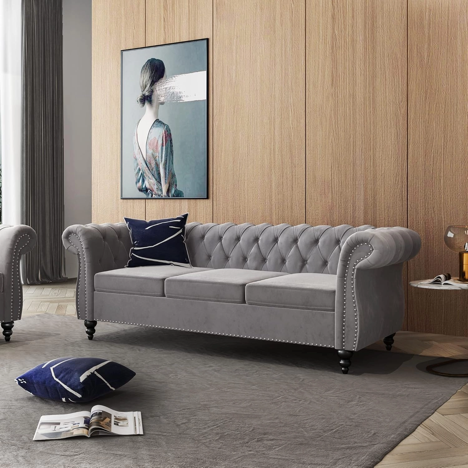 Large Sofa, Velvet Sofa Three-seat Sofa Classic Tufted Chesterfield Settee Couch Modern 3 Seater Couch Furniture Tufted Back for Living Room (Grey)