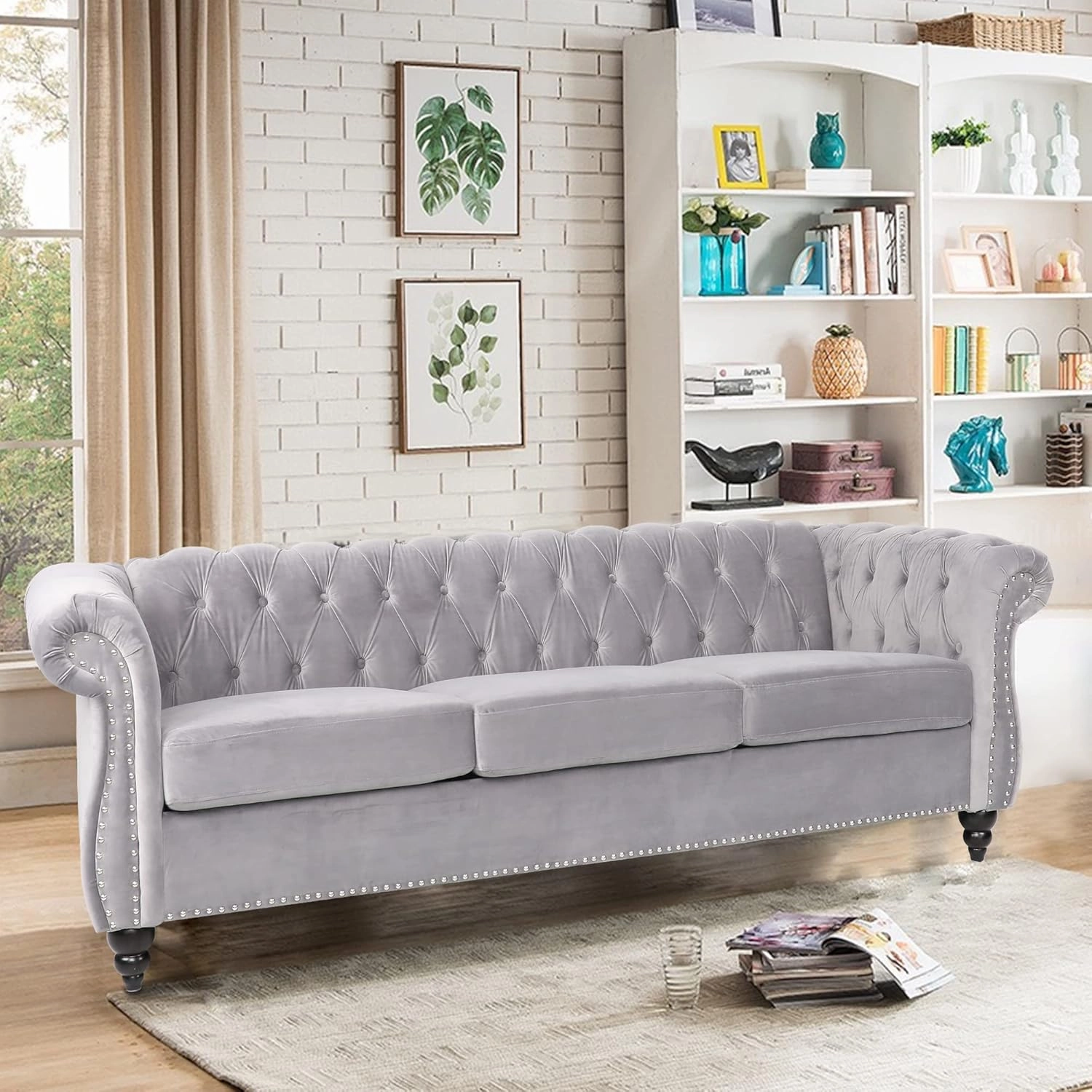 Large Sofa, Velvet Sofa Three-seat Sofa Classic Tufted Chesterfield Settee Couch Modern 3 Seater Couch Furniture Tufted Back for Living Room (Grey)