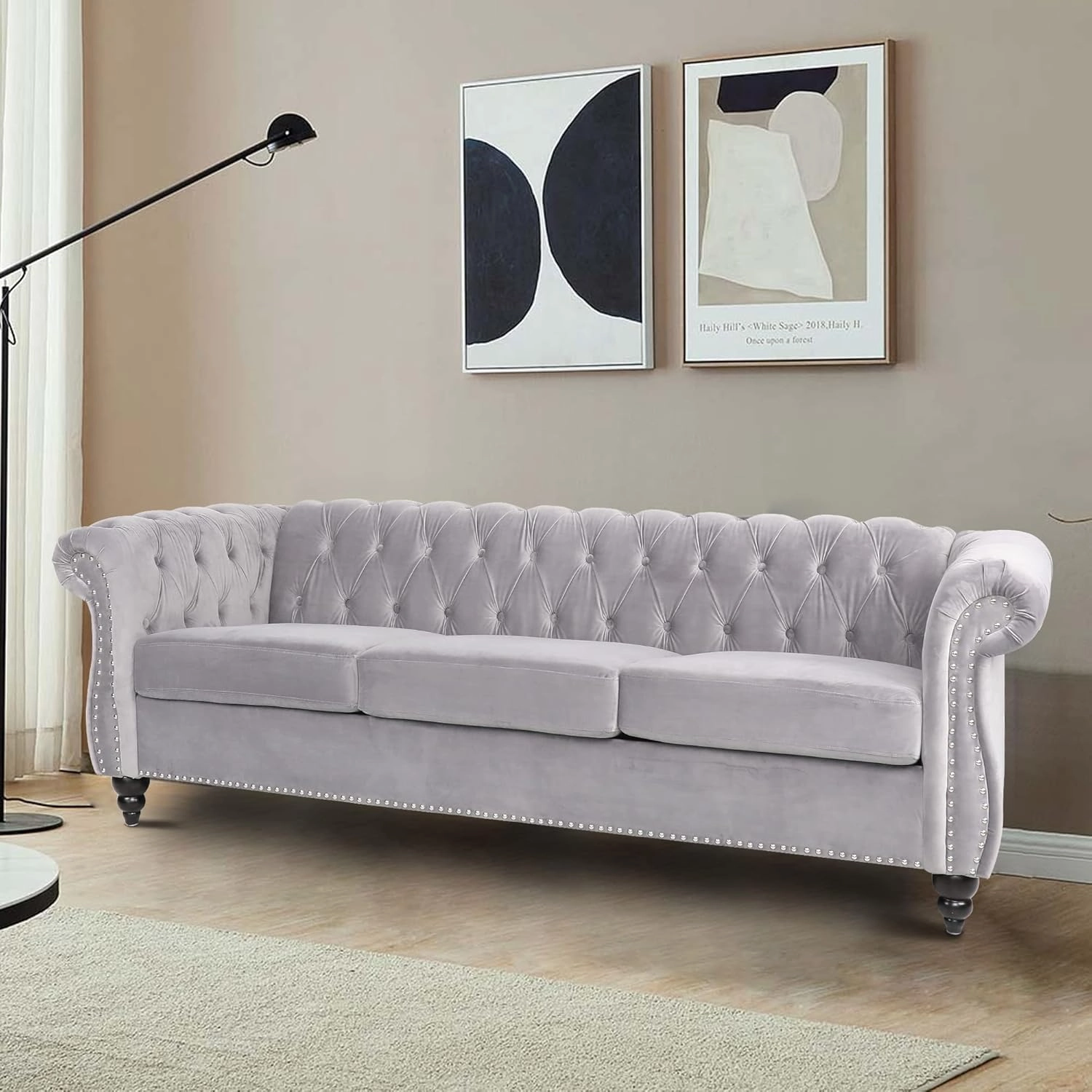 Large Sofa, Velvet Sofa Three-seat Sofa Classic Tufted Chesterfield Settee Couch Modern 3 Seater Couch Furniture Tufted Back for Living Room (Grey)