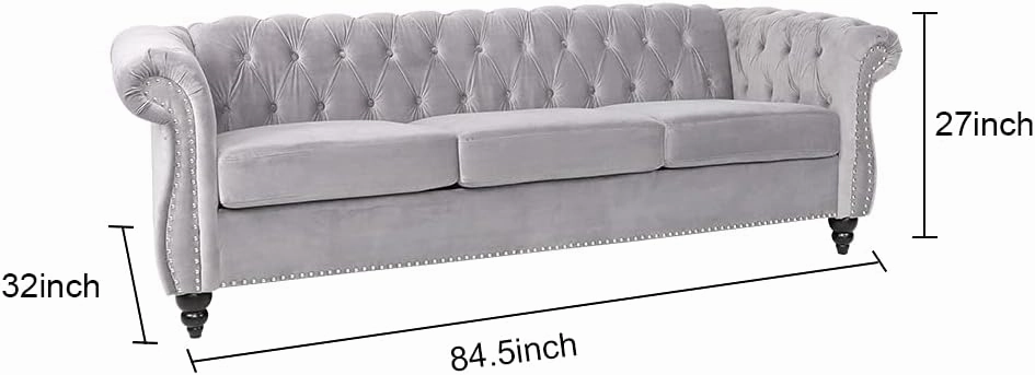 Large Sofa, Velvet Sofa Three-seat Sofa Classic Tufted Chesterfield Settee Couch Modern 3 Seater Couch Furniture Tufted Back for Living Room (Grey)