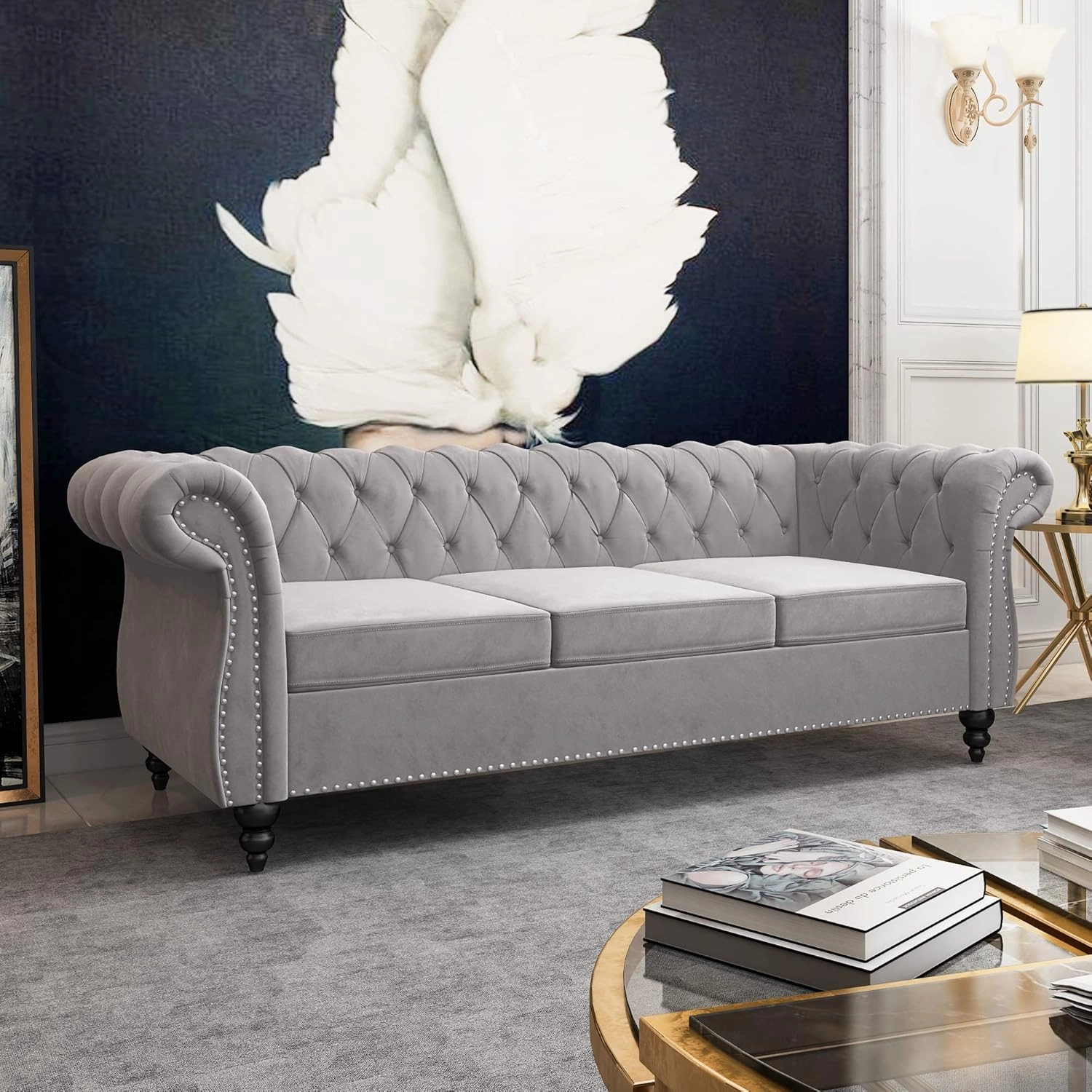 Large Sofa, Velvet Sofa Three-seat Sofa Classic Tufted Chesterfield Settee Couch Modern 3 Seater Couch Furniture Tufted Back for Living Room (Grey)