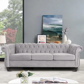 Large Sofa, Velvet Sofa Three-seat Sofa Classic Tufted Chesterfield Settee Couch Modern 3 Seater Couch Furniture Tufted Back for Living Room (Grey)
