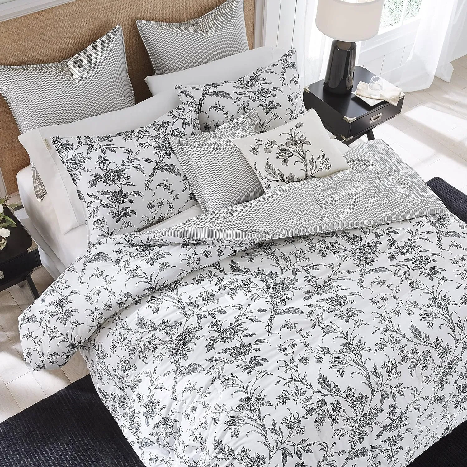 Laura Ashley - King Comforter Set, Reversible Cotton Bedding, Includes Matching Shams with Bonus Euro Shams & Throw Pillows (Amberley Black/White, King)