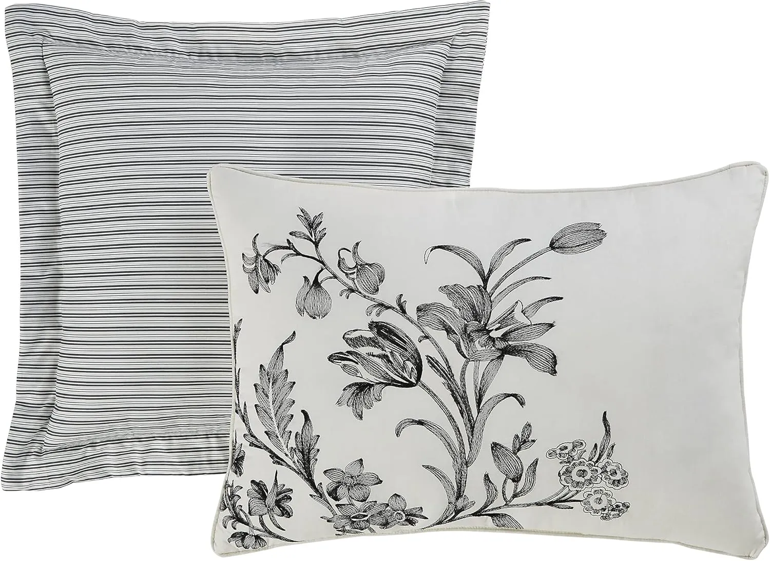 Laura Ashley - King Comforter Set, Reversible Cotton Bedding, Includes Matching Shams with Bonus Euro Shams & Throw Pillows (Amberley Black/White, King)