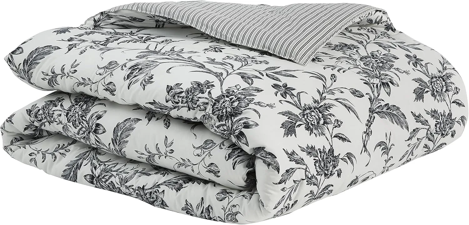 Laura Ashley - King Comforter Set, Reversible Cotton Bedding, Includes Matching Shams with Bonus Euro Shams & Throw Pillows (Amberley Black/White, King)