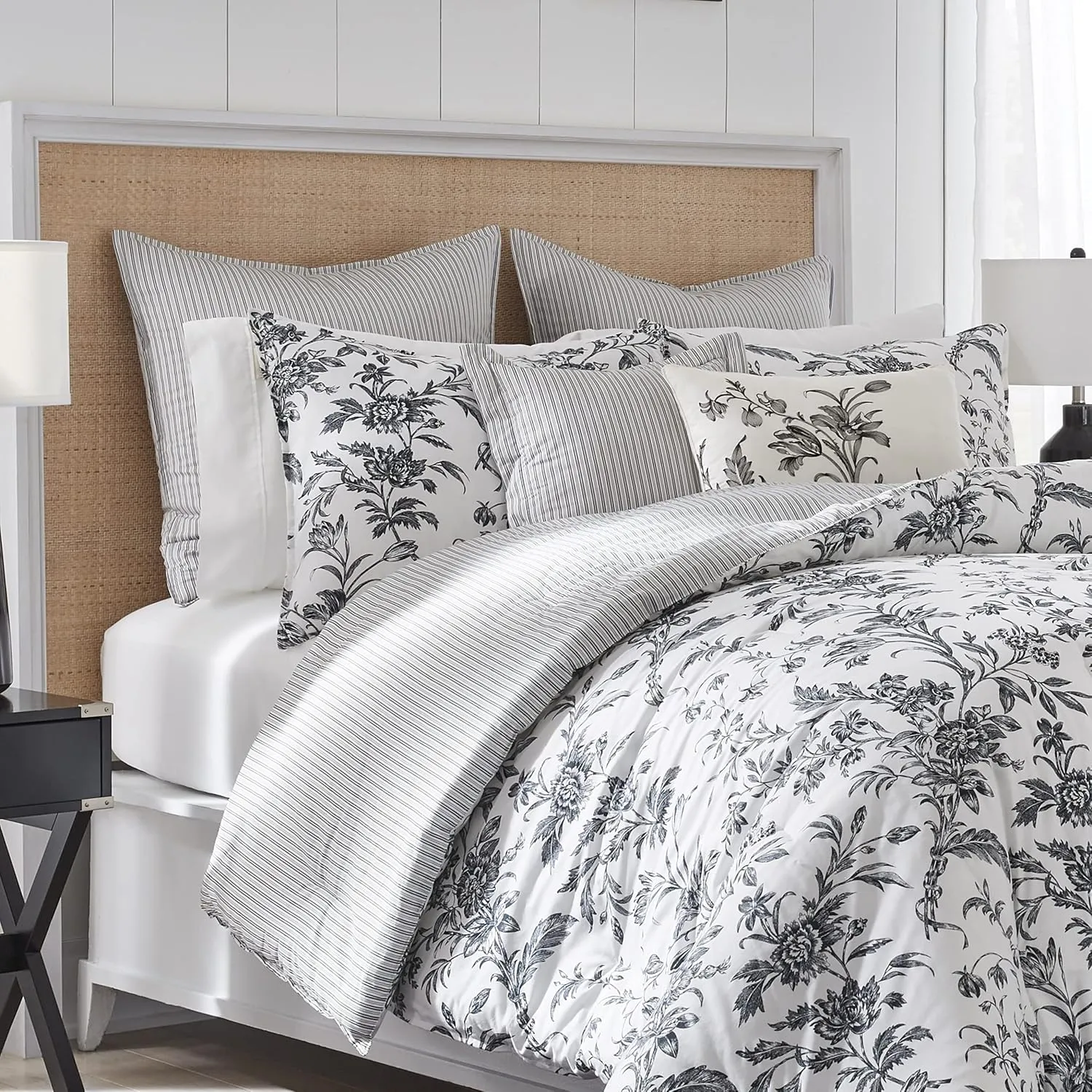 Laura Ashley - King Comforter Set, Reversible Cotton Bedding, Includes Matching Shams with Bonus Euro Shams & Throw Pillows (Amberley Black/White, King)