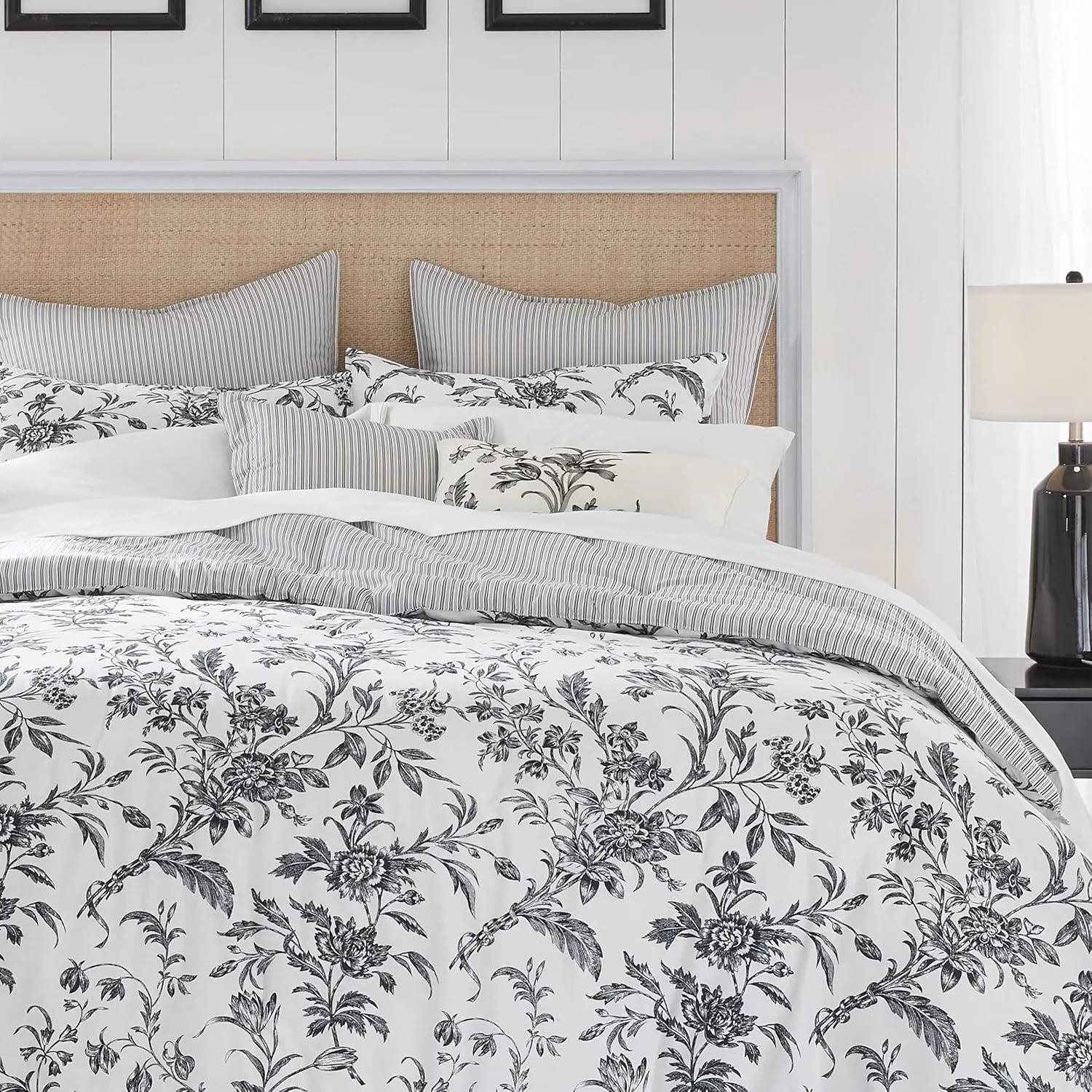 Laura Ashley - King Comforter Set, Reversible Cotton Bedding, Includes Matching Shams with Bonus Euro Shams & Throw Pillows (Amberley Black/White, King)