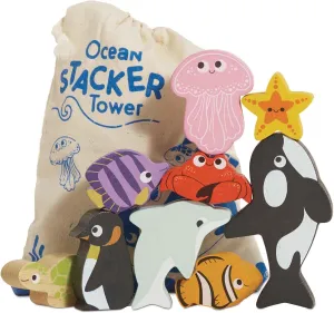 Le Toy Van - Wooden Toys - Petilou Baby & Toddler - Ocean Animal Building Blocks Stacker & Bag - Educational Balancing Activity Toy - Wooden Blocks Aquatic Animal Toys - Kids Toys Age 18 Months 