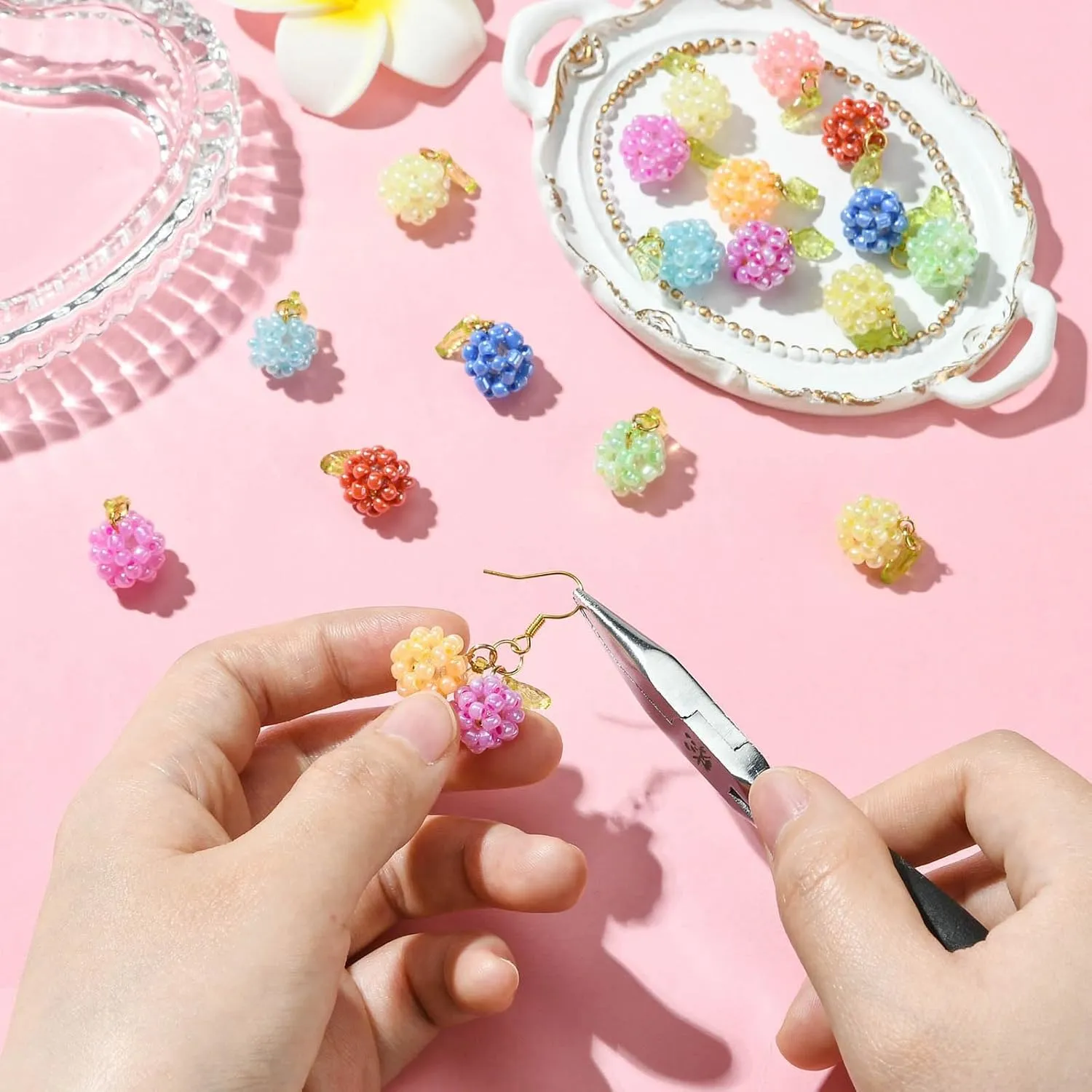 Leaf Flower Mushroom Hot Pepper Faceted Round Bicone Fruit Strawberry Berries Glass Charms for DIY Jewelry Crafts