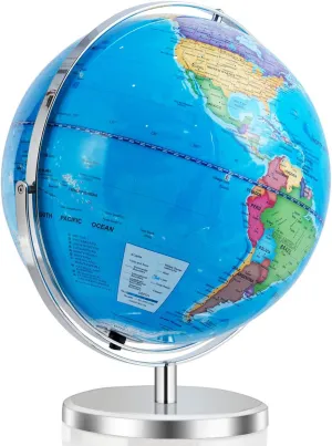 LED Illuminated World Globe w/ 720 Degree Rotation Range, 13 Inch Educational Cartography Map w/Chrome-Plated Base Light for Children Home Office