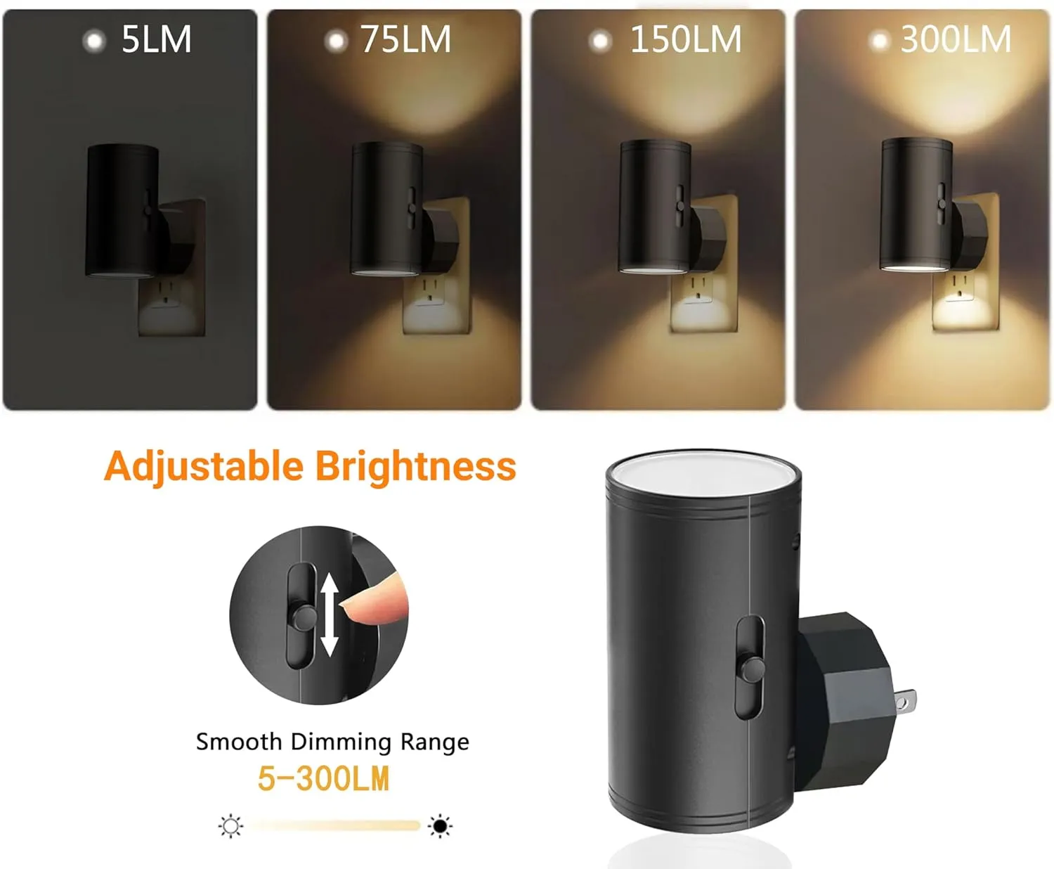 LED Night Lights Plug into Wall, Dusk to Dawn Sensor,5-300LM Adjustable Brightness, Soft White 3000K,Dimmable Night Lights for Kitchen,Hallway Bedroom,Stairs, 2 Pack