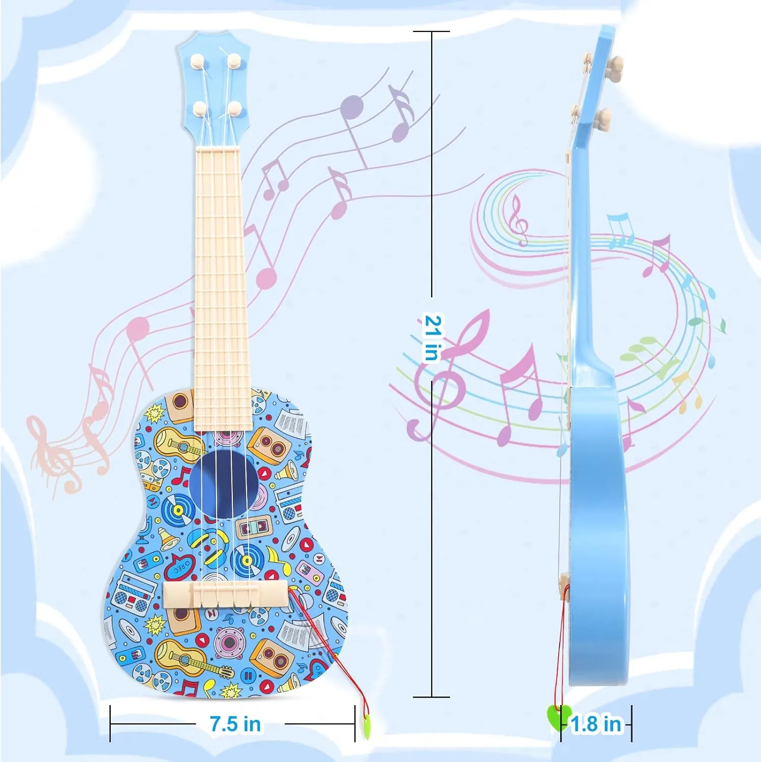 LeeQee 21in Colorful Graffiti Ukulele Guitar for Kids, 4 Strings Kids Guitar Ukulele Musical Instruments Learning Educational Toys with Picks for 3 4 5 6 7 8 9 10 11 12 Kids Toddler Boys Girls (Blue)