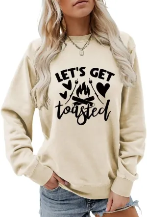 Let's get toasted Sweatshirt Cute Campfire Casual Long Sleeve Shirt Women Cute Crewneck Camping Lover Pullovers Tops