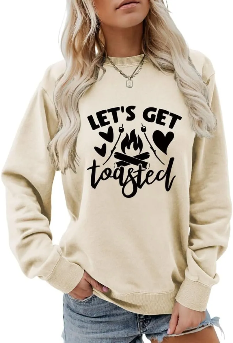 Let's get toasted Sweatshirt Cute Campfire Casual Long Sleeve Shirt Women Cute Crewneck Camping Lover Pullovers Tops