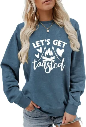 Let's get toasted Sweatshirt Cute Campfire Casual Long Sleeve Shirt Women Cute Crewneck Camping Lover Pullovers Tops