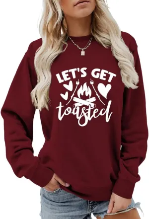 Let's get toasted Sweatshirt Cute Campfire Casual Long Sleeve Shirt Women Cute Crewneck Camping Lover Pullovers Tops
