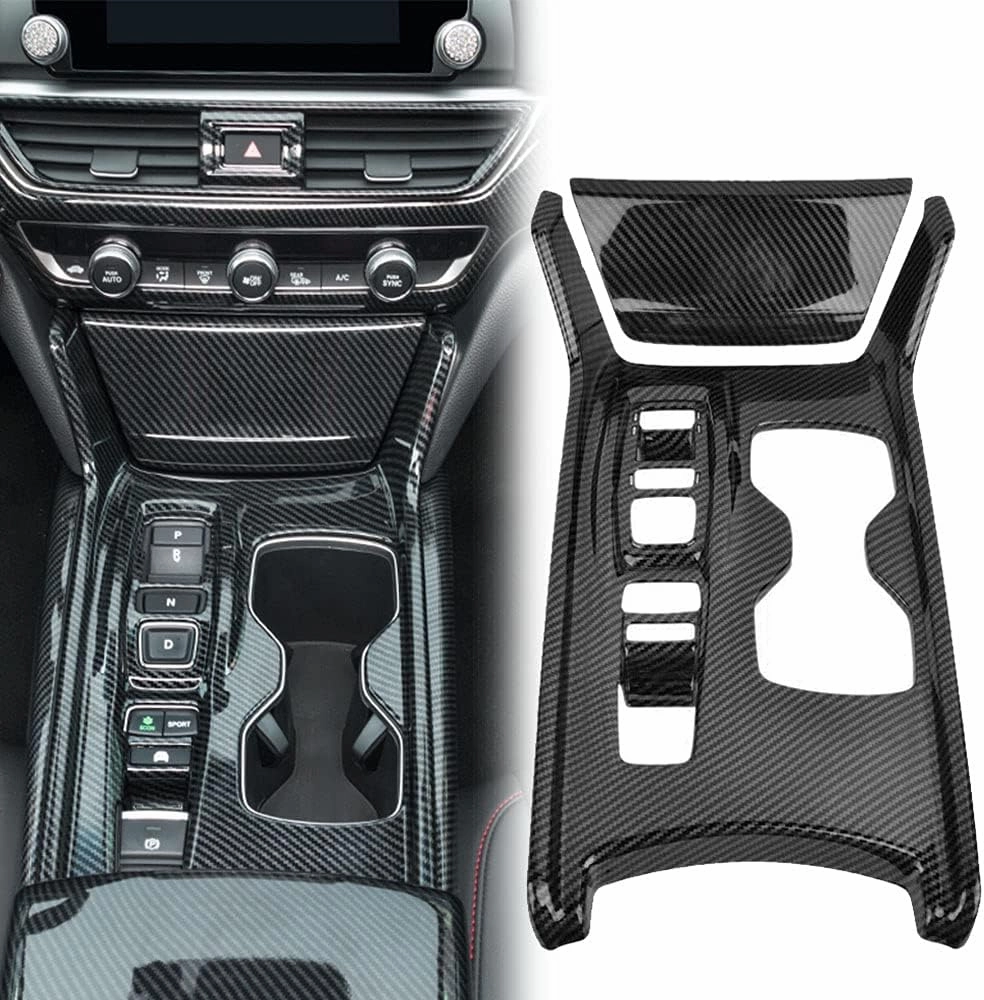 LEXLEY 2Pcs Carbon Fiber Style Gear Shift Frame Console Panel Trims Cover Cup Holder Decor Decal Compatible with Honda Accord Hybrid 2018 2019 2020 2021 2022,Not Fit Gas (Without gear lever)