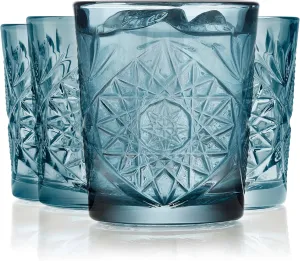 Libbey Hobstar Double Old Fashioned Glasses, Blue Colored Cut Glass Drinking Glasses Set of 4, Durable, Vintage Whiskey Glasses for Cocktail, Drinks