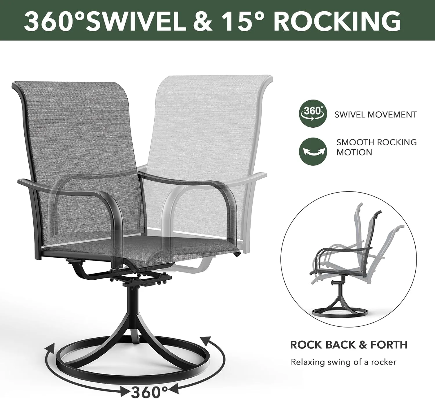 Light Gray Swivel Patio Dining Chairs Set of 2 with Classic Armrest,Textilene Support and Metal Frame