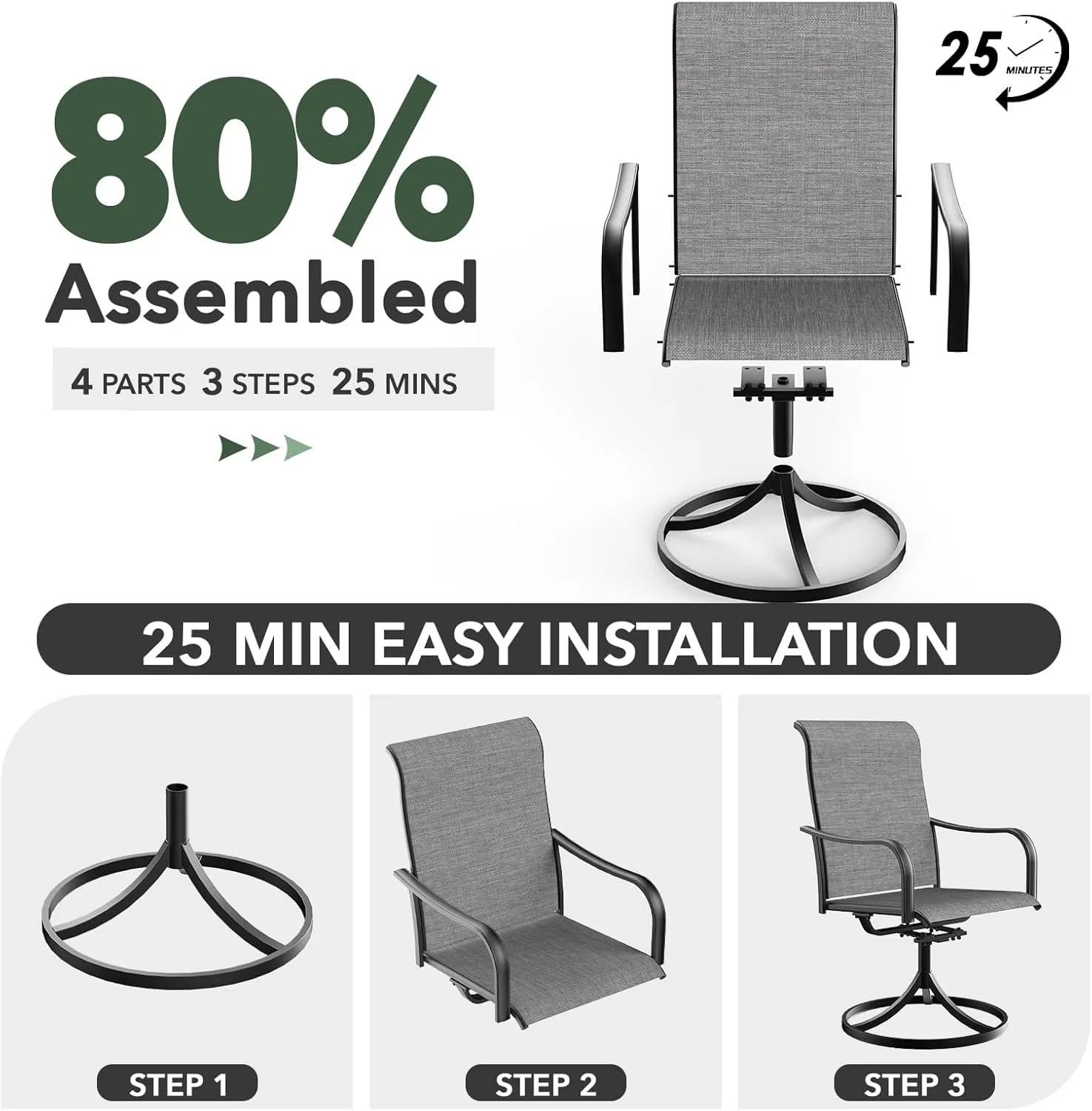 Light Gray Swivel Patio Dining Chairs Set of 2 with Classic Armrest,Textilene Support and Metal Frame