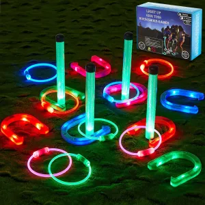 Liliful 20 Pcs Ring Toss Glow in Dark Games Valentines Outdoor Ring Toss Games with LED Yard Ring Toss Game Outdoor Games for Family Adults Lawn Backyard Camping Glow Party Games