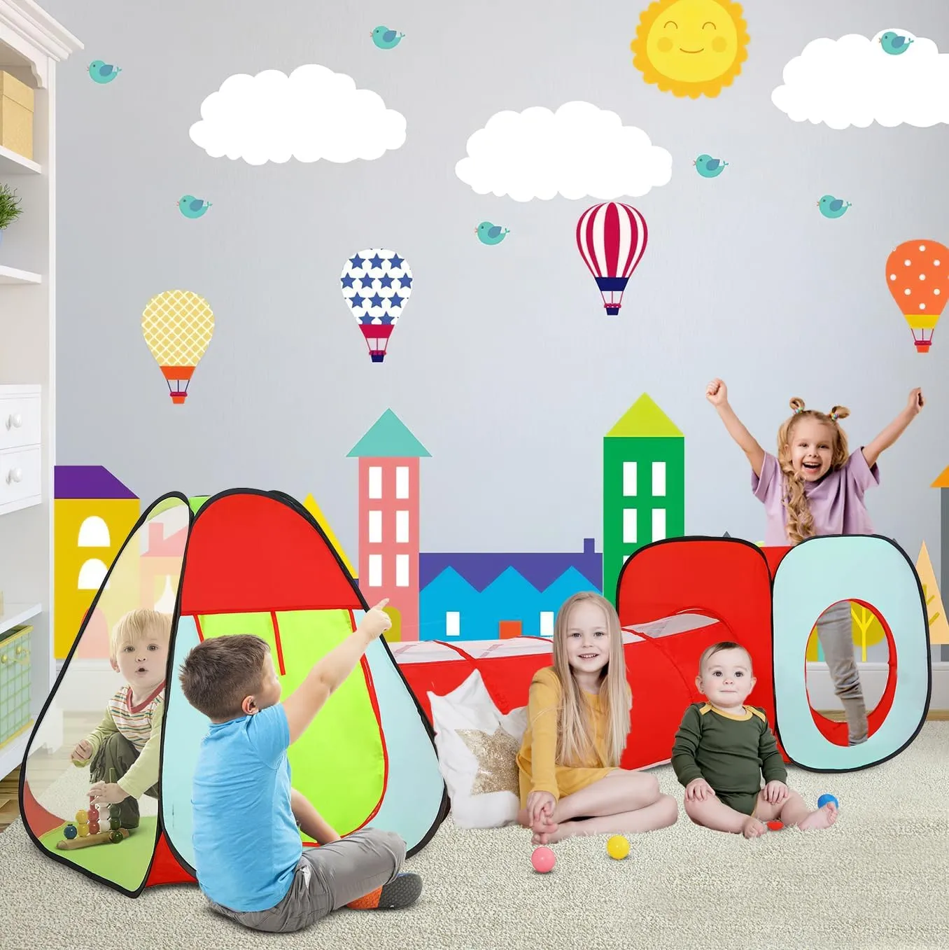 LimitlessFunN 3pc Pop Up Kids Play Tent, Crawl Tunnel, Ball Pit | Includes Carrying Case |, Children Indoor Playhouse for Baby, Toddlers, Boys & Girls, 47" D x 126" W x 34" H