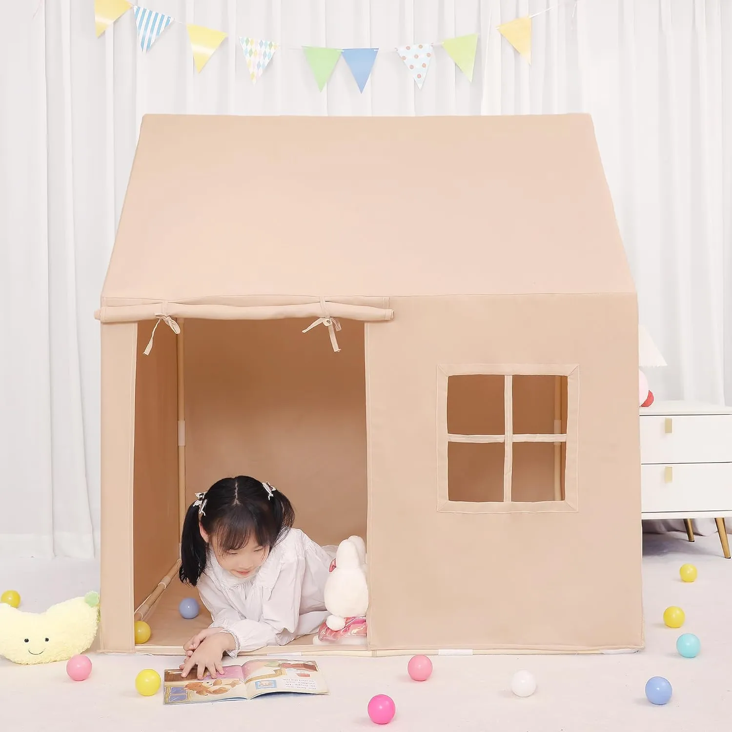 LimitlessFunN Natural Kids Playhouse with Attached Floor | Includes Star Lights & Carrying Case |, Children Large Indoor Play Tent, 39" D x 51" W x 50" H