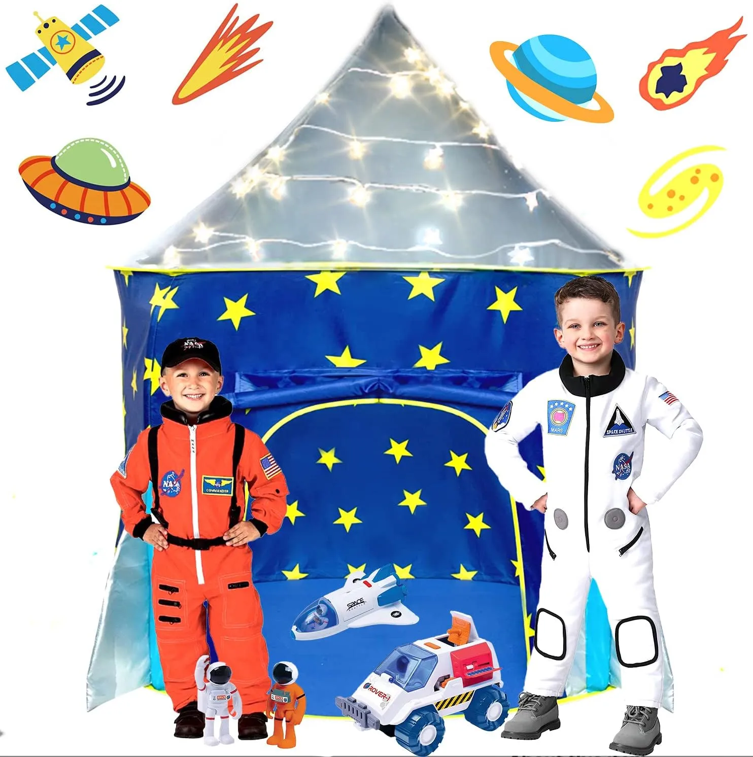 LimitlessFunN Rocket Ship Pop Up Kids Play Tent | Includes Star Lights & Carrying Case |, Children Indoor Castle Playhouse for Boys, Toddlers, 41" D x 41" W x 53" H