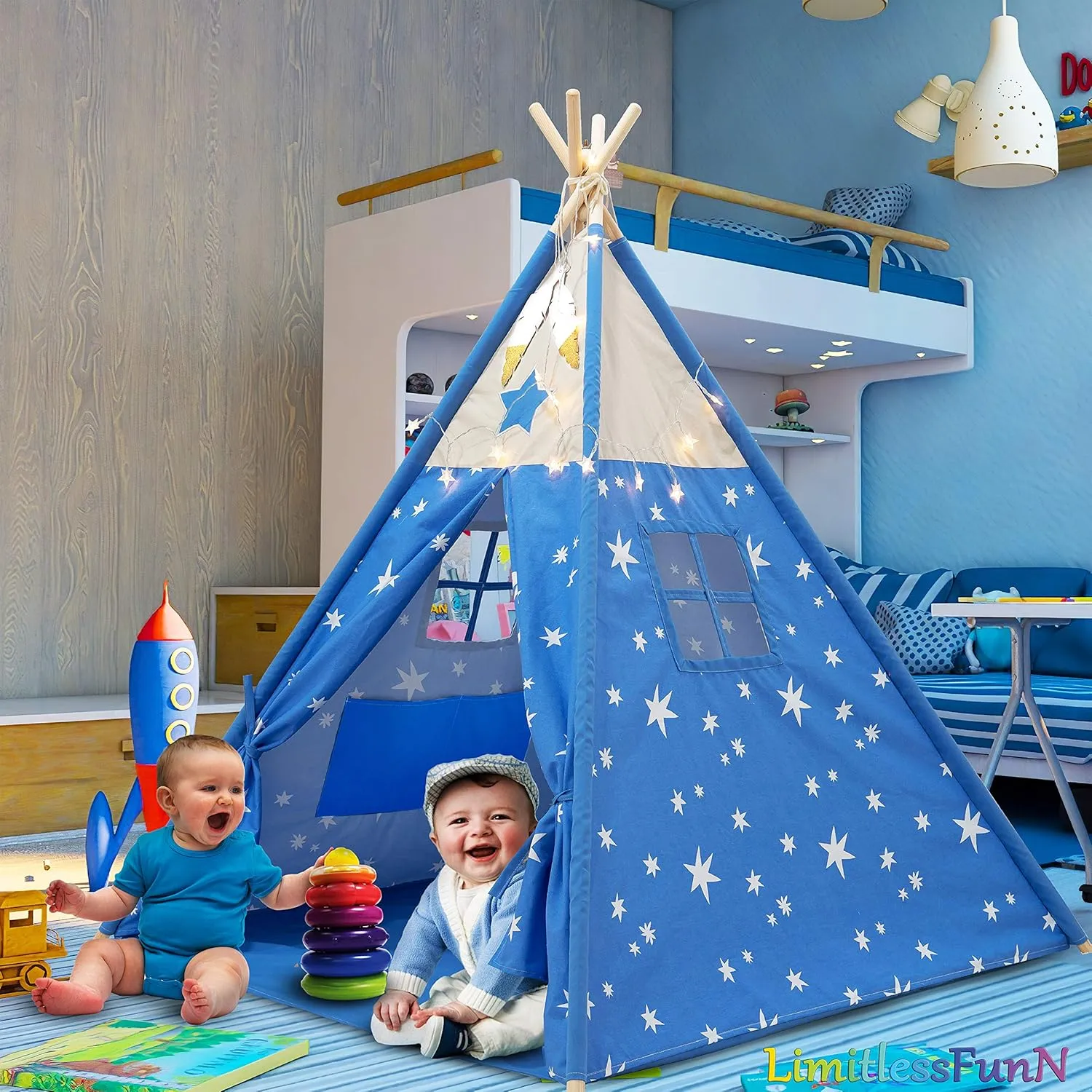 LimitlessFunN Stars Cotton Teepee Kids Play Tent | Includes Pockets, Wooden Poles, Waterproof Base, Star Lights, Feathers & Case |, Children Indoor Playhouse for Boys, Toddlers, 47" D x 47" W x 57" H