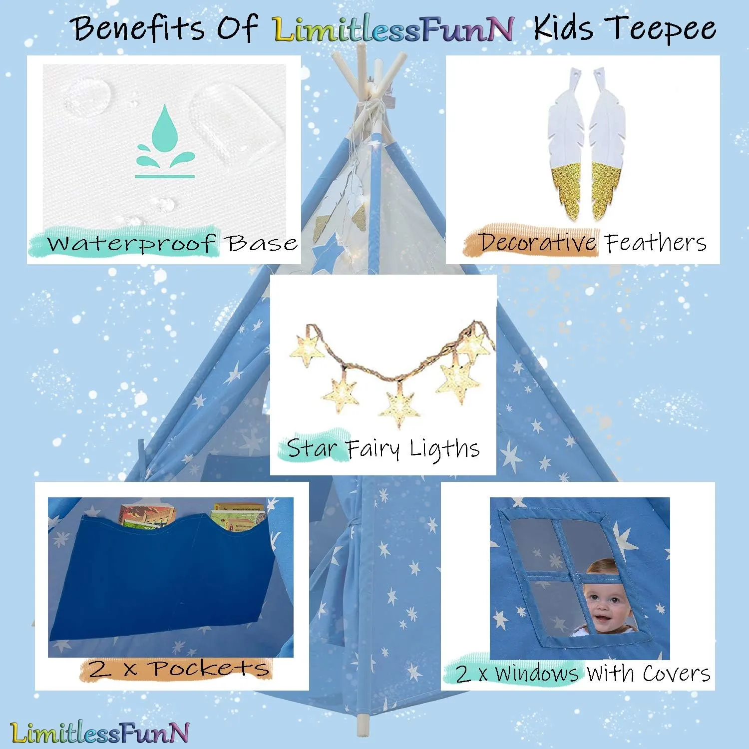 LimitlessFunN Stars Cotton Teepee Kids Play Tent | Includes Pockets, Wooden Poles, Waterproof Base, Star Lights, Feathers & Case |, Children Indoor Playhouse for Boys, Toddlers, 47" D x 47" W x 57" H