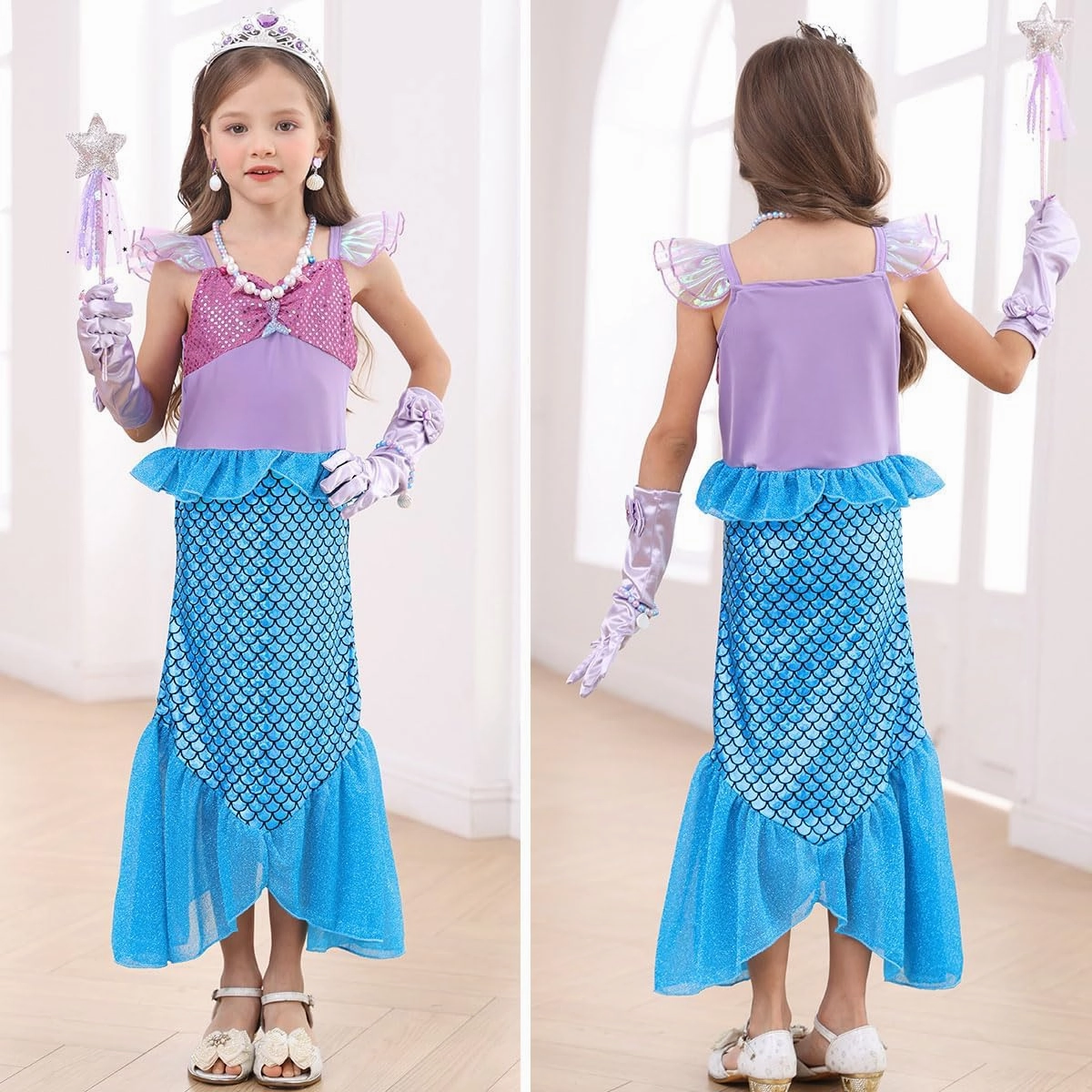 Little Girls Mermaid Costume Princess Dress Up Ariel Outfits with Accessories Wig Birthday Party Halloween Cosplay