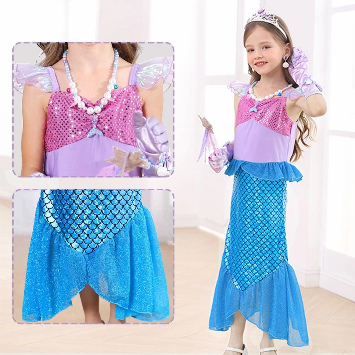 Little Girls Mermaid Costume Princess Dress Up Ariel Outfits with Accessories Wig Birthday Party Halloween Cosplay