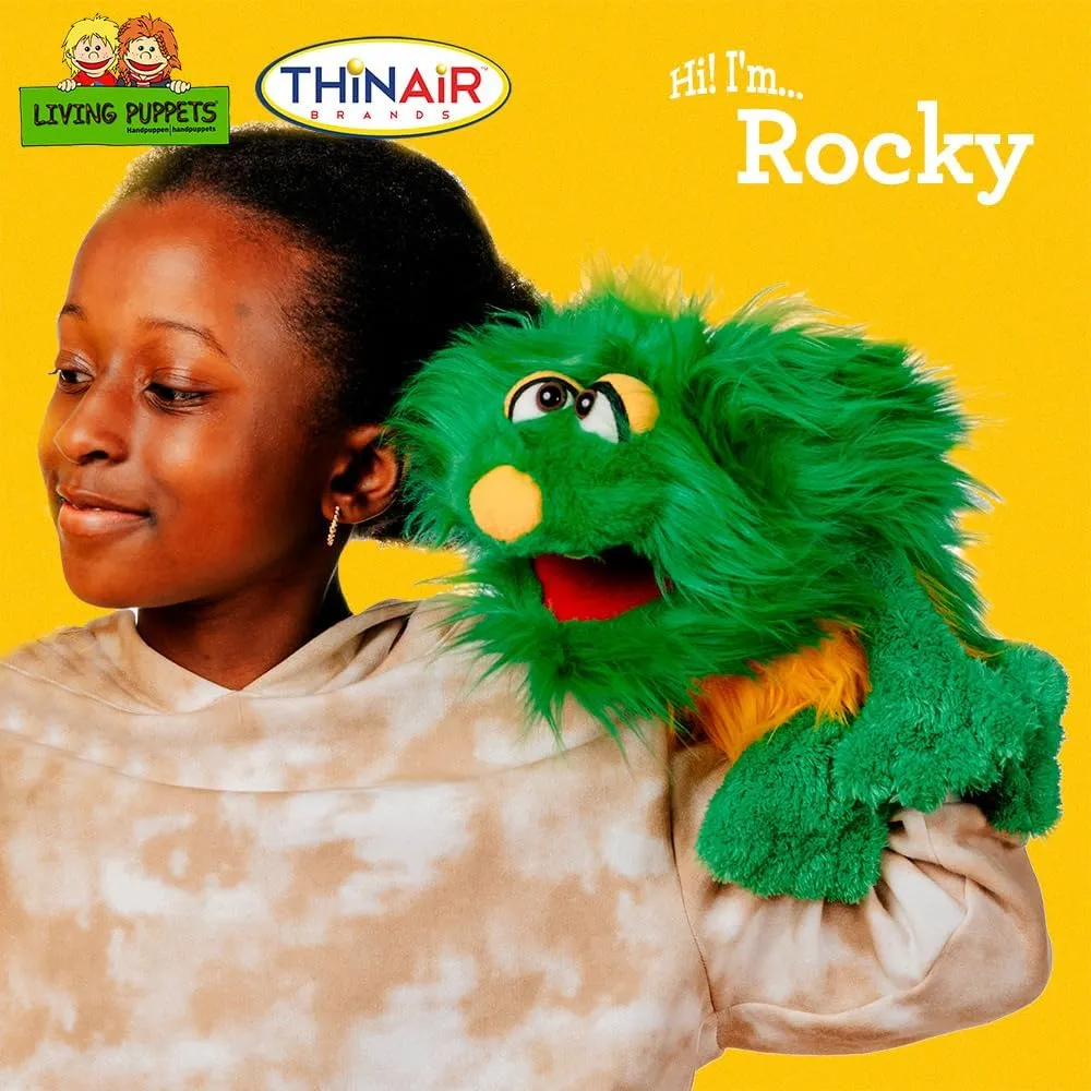 Living Puppets - Rocky The 16-Inch Green Friendly Monster, Plush Hand Puppet for Boys and Girls