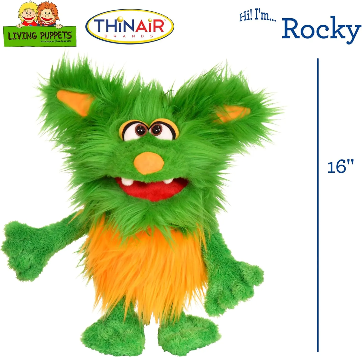 Living Puppets - Rocky The 16-Inch Green Friendly Monster, Plush Hand Puppet for Boys and Girls