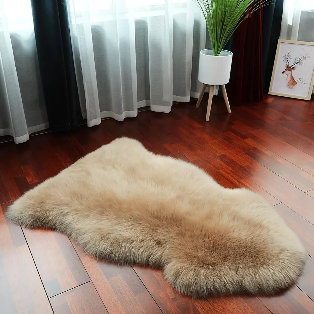 LLB Genuine Sheepskin Area Rug Wool Rug Fur Carpet Fluffy Shaggy Fur Rug for Living Room Kids Bedroom Real Sheepskin Throw Lambskin Rugs Sofa Mat Chair Seat Covers (Tan, 2 x 3 ft Sheepskin)