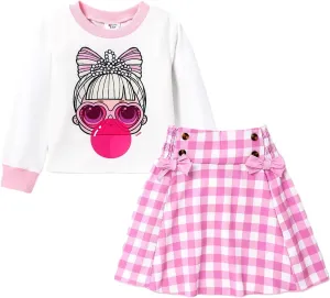 L.O.L. Surprise! Girl Skirt Set Long Sleeve Letter Print Sweatshirt Plaid/Pink Smocked Skirt Set 2PCS Clothes Set Outfit