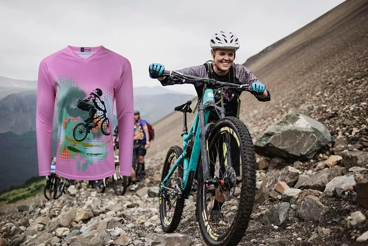 Long Sleeve MTB Jersey Women, Dirt Bike Shirt for Mountain Motocross Biking BMX Motorcycle Fishing Off Racing