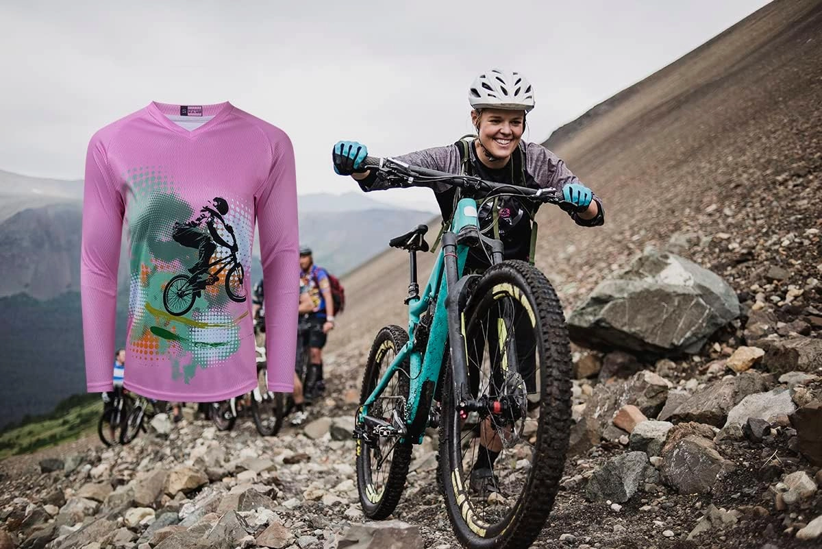 Long Sleeve MTB Jersey Women, Dirt Bike Shirt for Mountain Motocross Biking BMX Motorcycle Fishing Off Racing