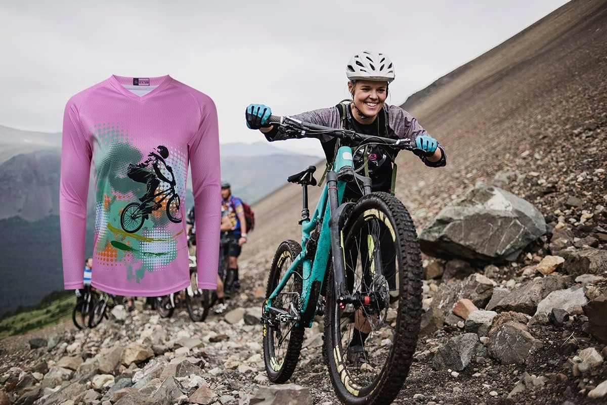 Long Sleeve MTB Jersey Women, Dirt Bike Shirt for Mountain Motocross Biking BMX Motorcycle Fishing Off Racing